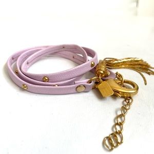 ARTISAN LAVENDER LEATHER TRIPLE WRAP BRACELET TASSEL STUDS 18K GP HARDWARE